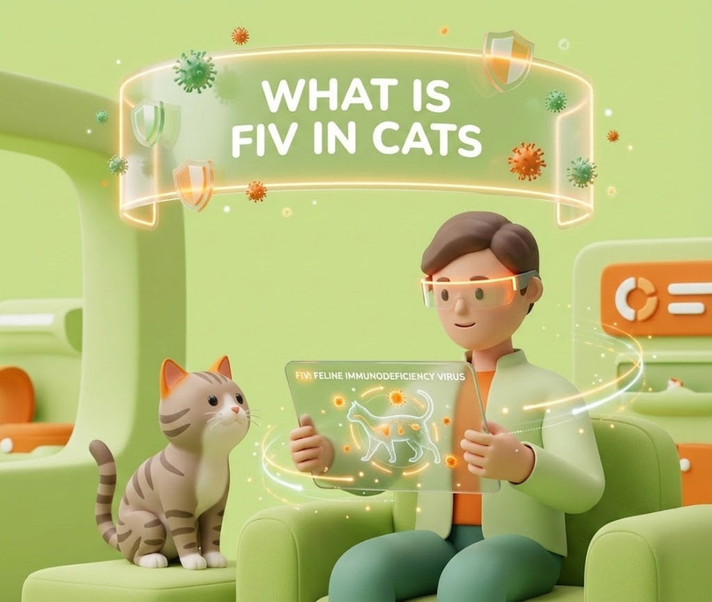 3D illustration of a vet explaining what is FIV in cats to a tabby cat, feline immunodeficiency virus education graphic