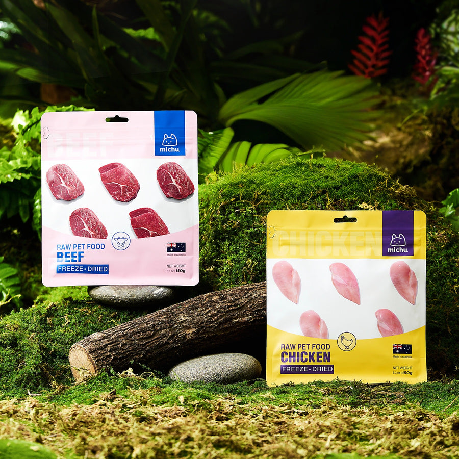 MICHU freeze-dried cat and dog treats in chicken and beef, made in Tasmania, Australia