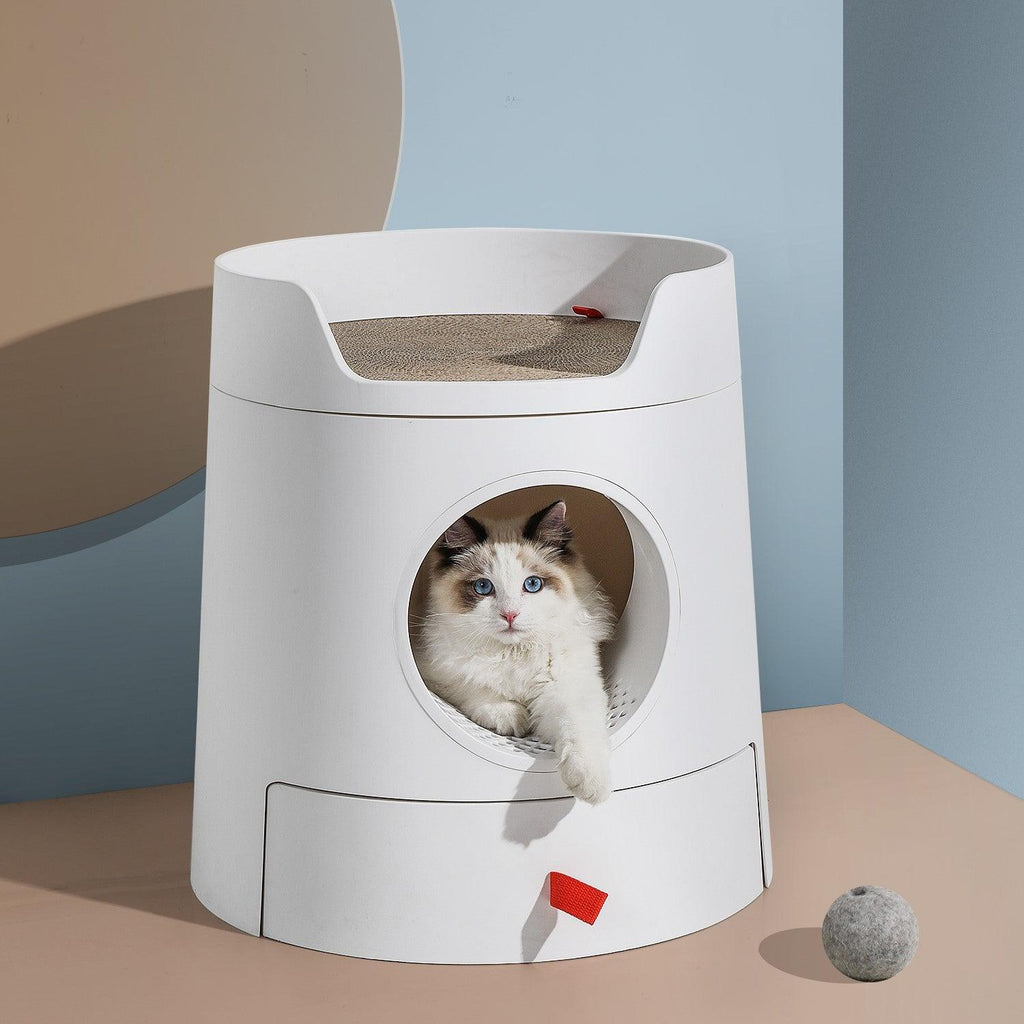 Mayitwill XL Castle 2 in 1 Front-Entry Cat Litter Box with Scratch Basin, Scoop included, White - Furrytail