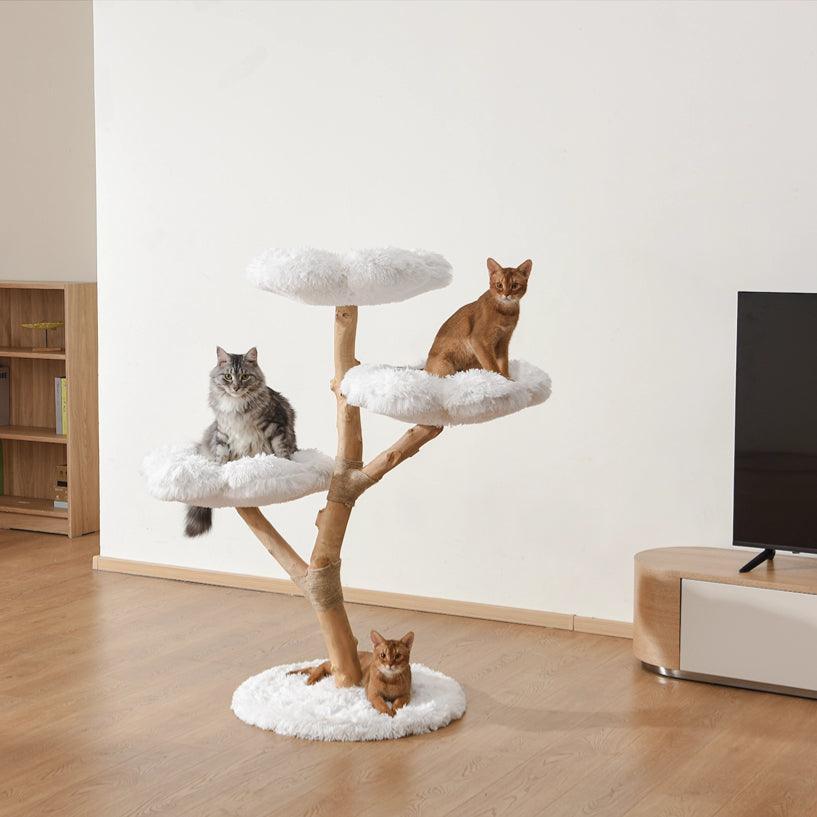 Michu Fluffy Blossom Real Wood Cat Tree - Premium Quality & Stylish Cat Furniture - Extra Large, White-Grey Shaded Faux Fur