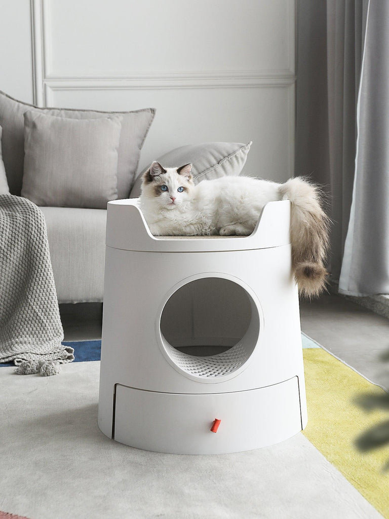 Mayitwill XL Castle 2 in 1 Front-Entry Cat Litter Box with Scratch Basin, Scoop included, White - Furrytail